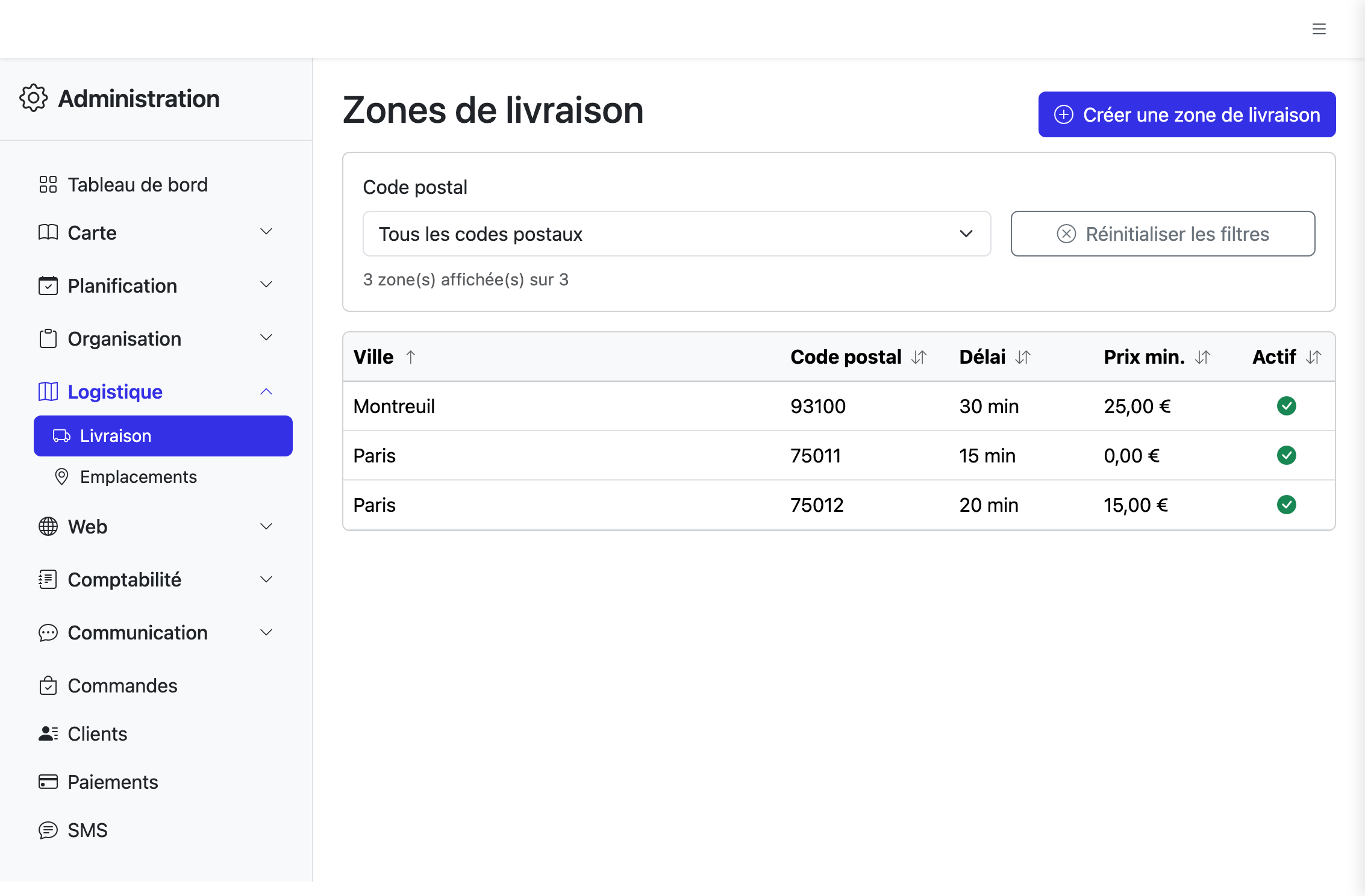 Liste des zones de livraison avec ses zones clés
