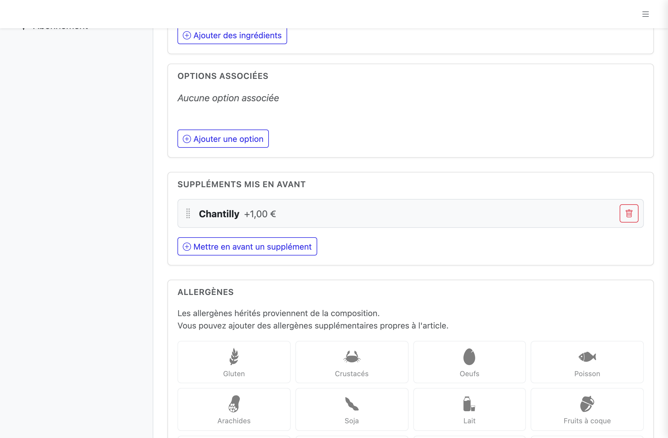 La section Suppléments mis en avant sur la fiche d'un article, avec un supplément proposé en un clic et le bouton pour en ajouter