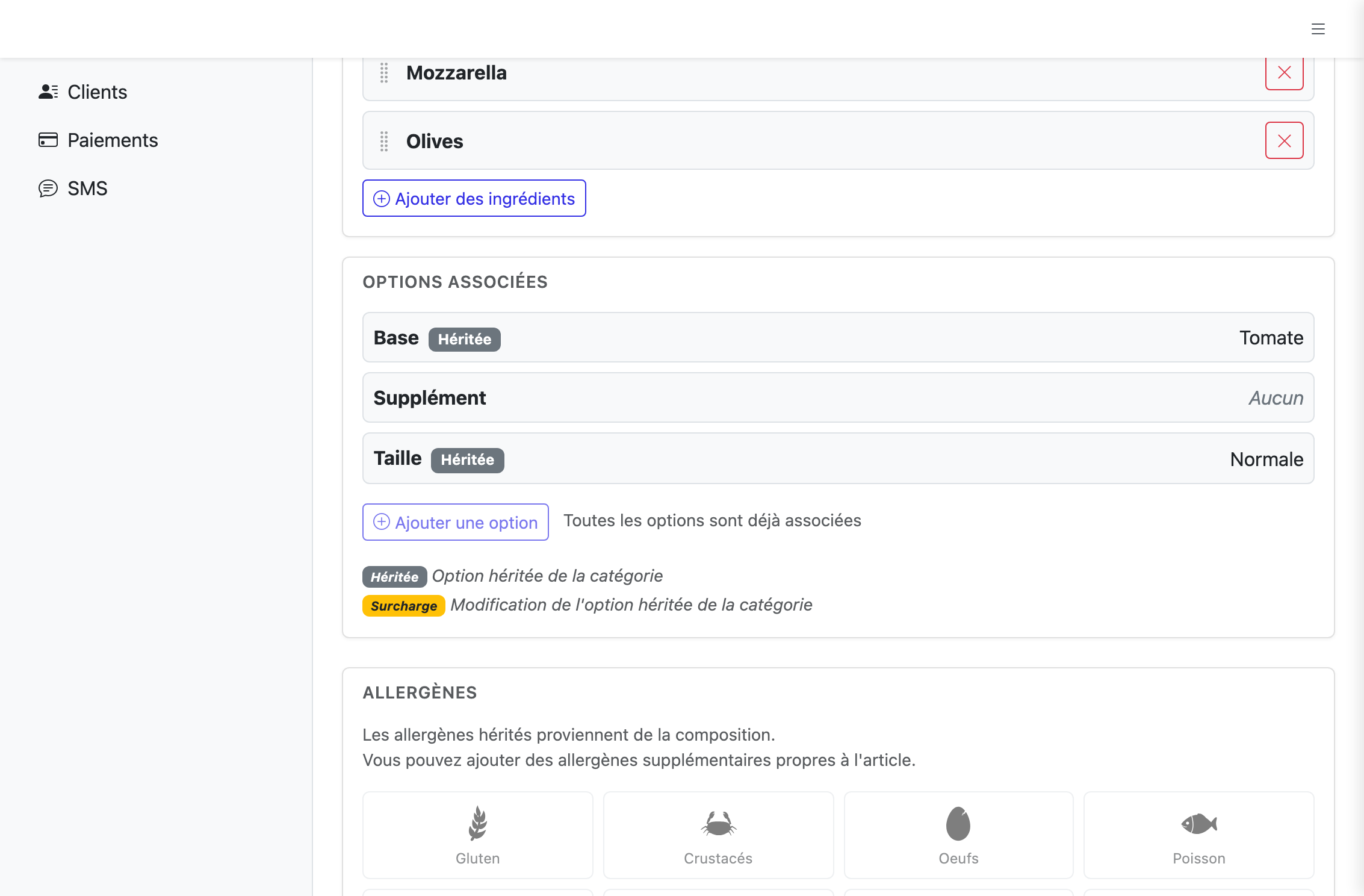 Options héritées et option propre sur la Margherita