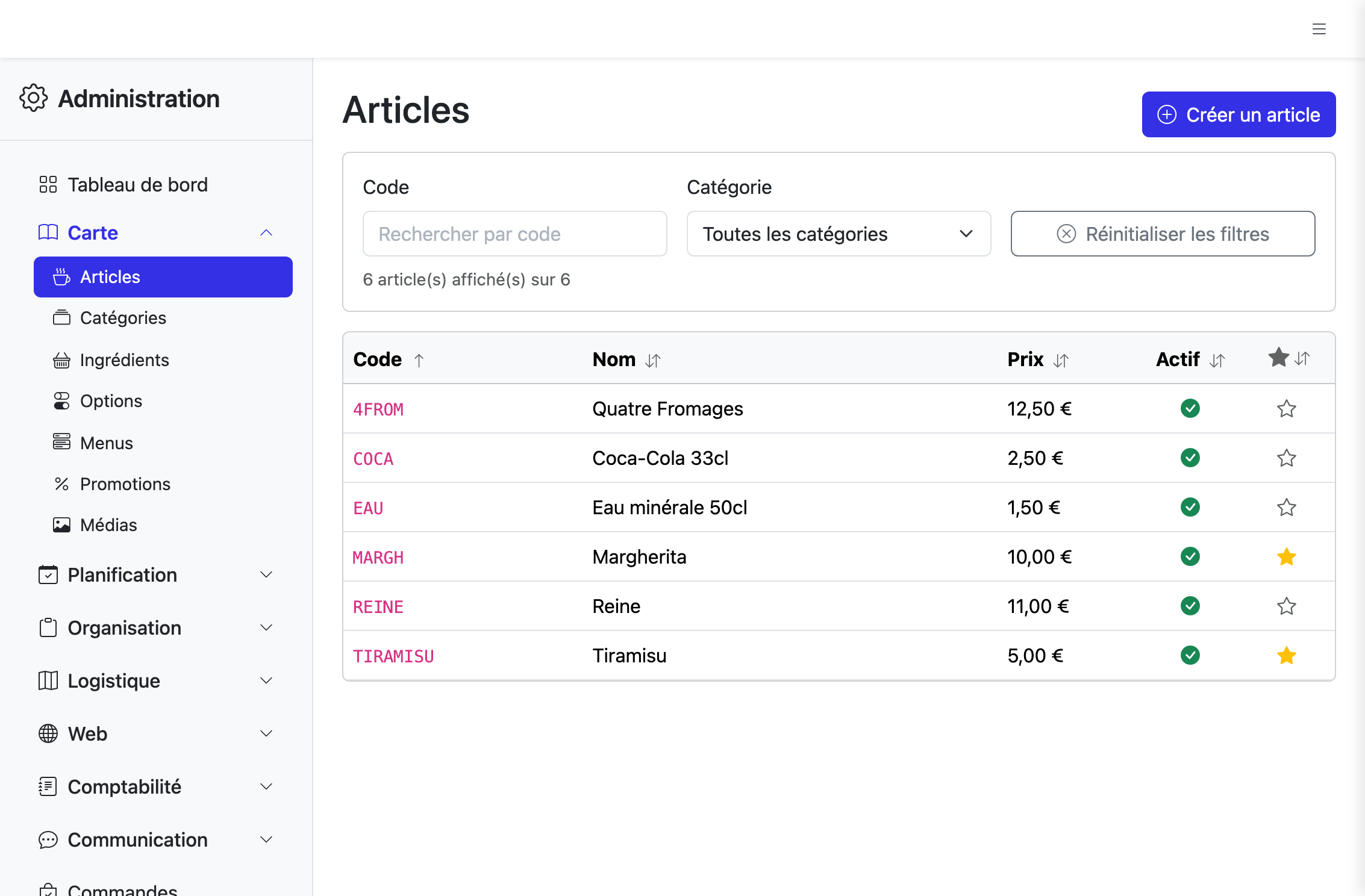Liste des articles avec ses zones clés