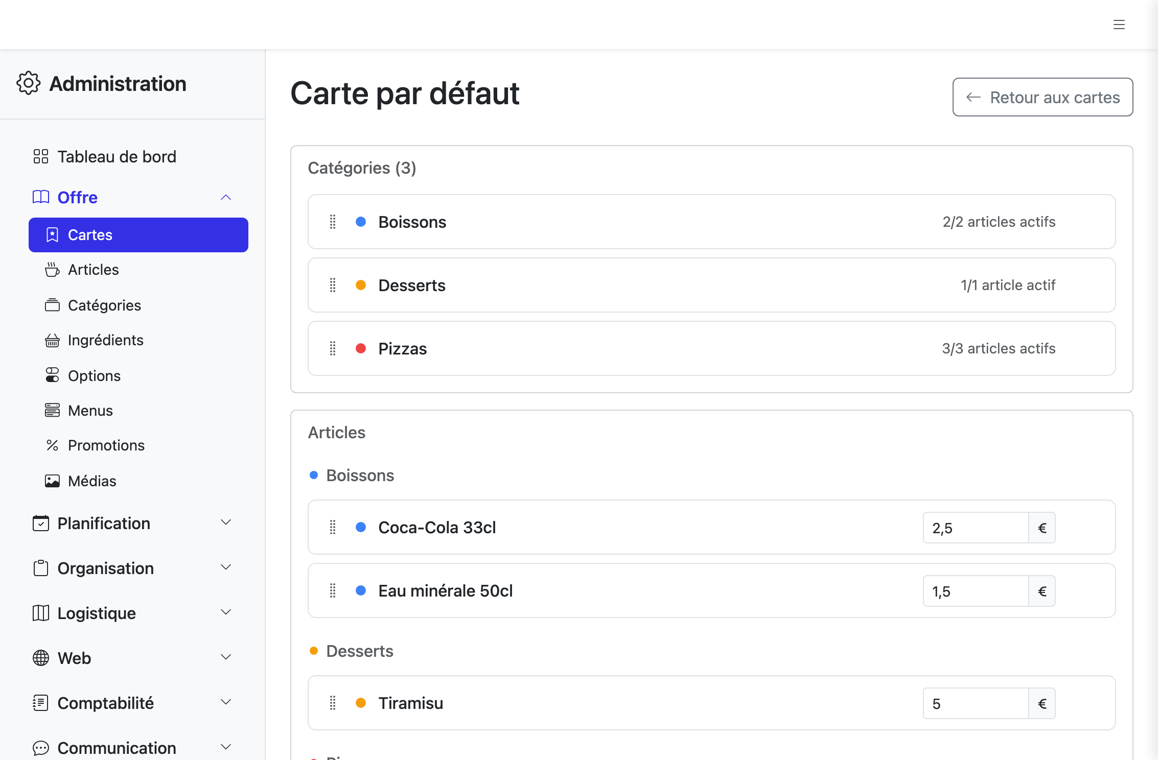 Fiche de la carte par défaut avec ses catégories, articles regroupés et menus, réorganisables par cliquer-glisser