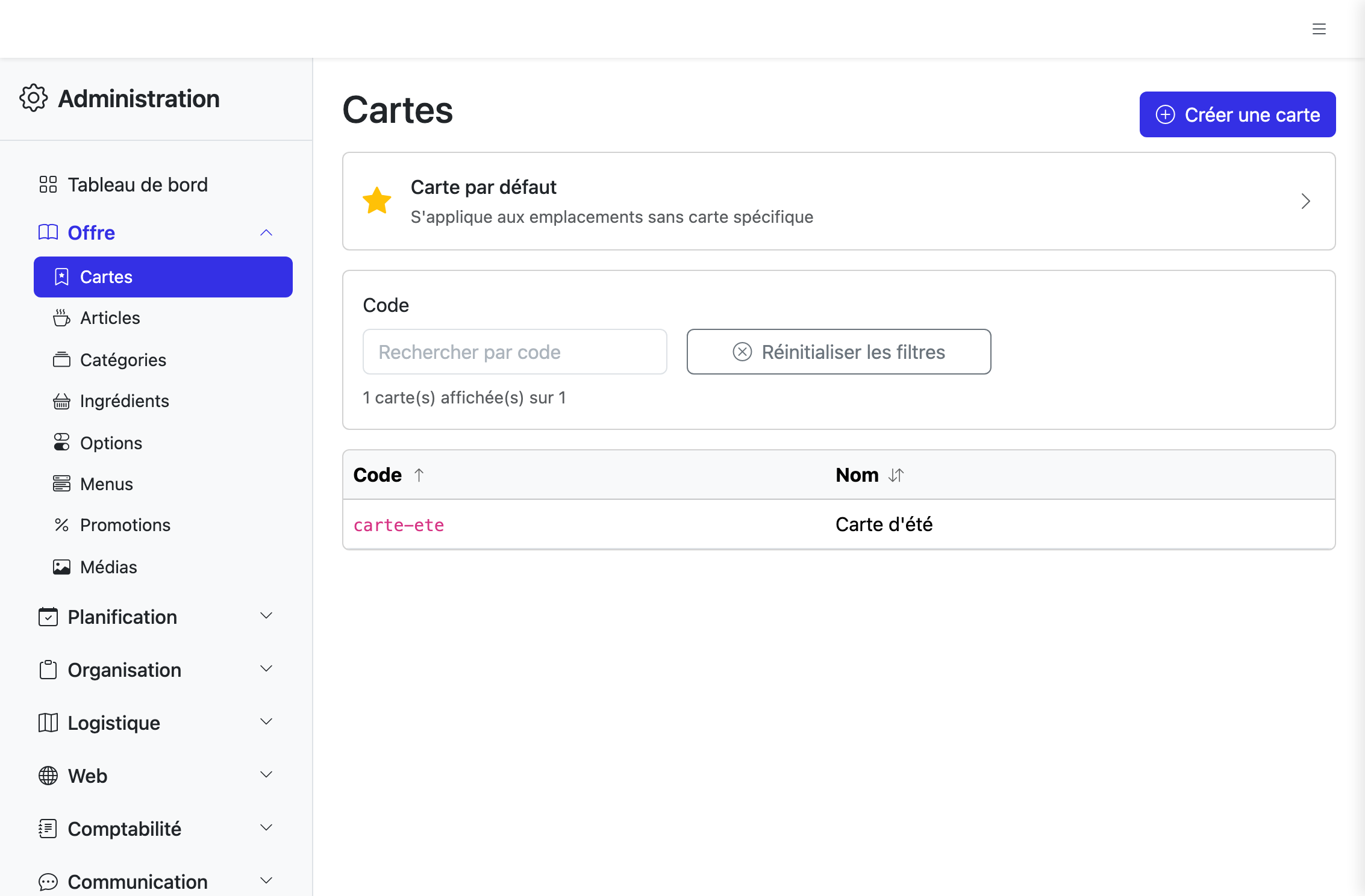 Liste des cartes avec leur code et leur nom