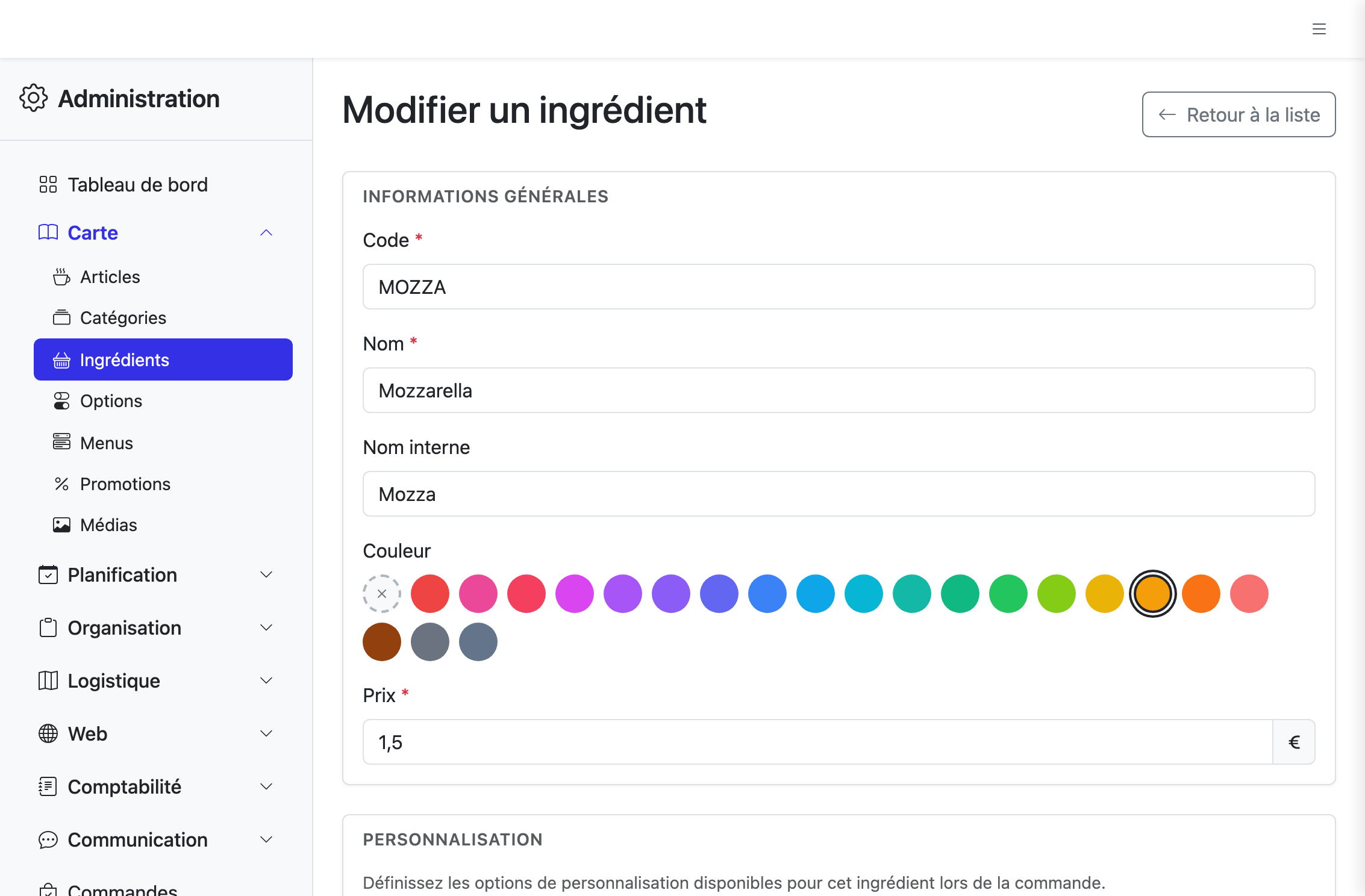 Champs Nom interne et Couleur renseignés sur la fiche d'un ingrédient