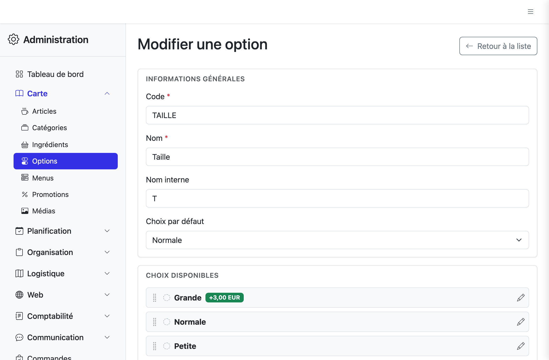 Champ Nom interne renseigné sur la fiche d'une option
