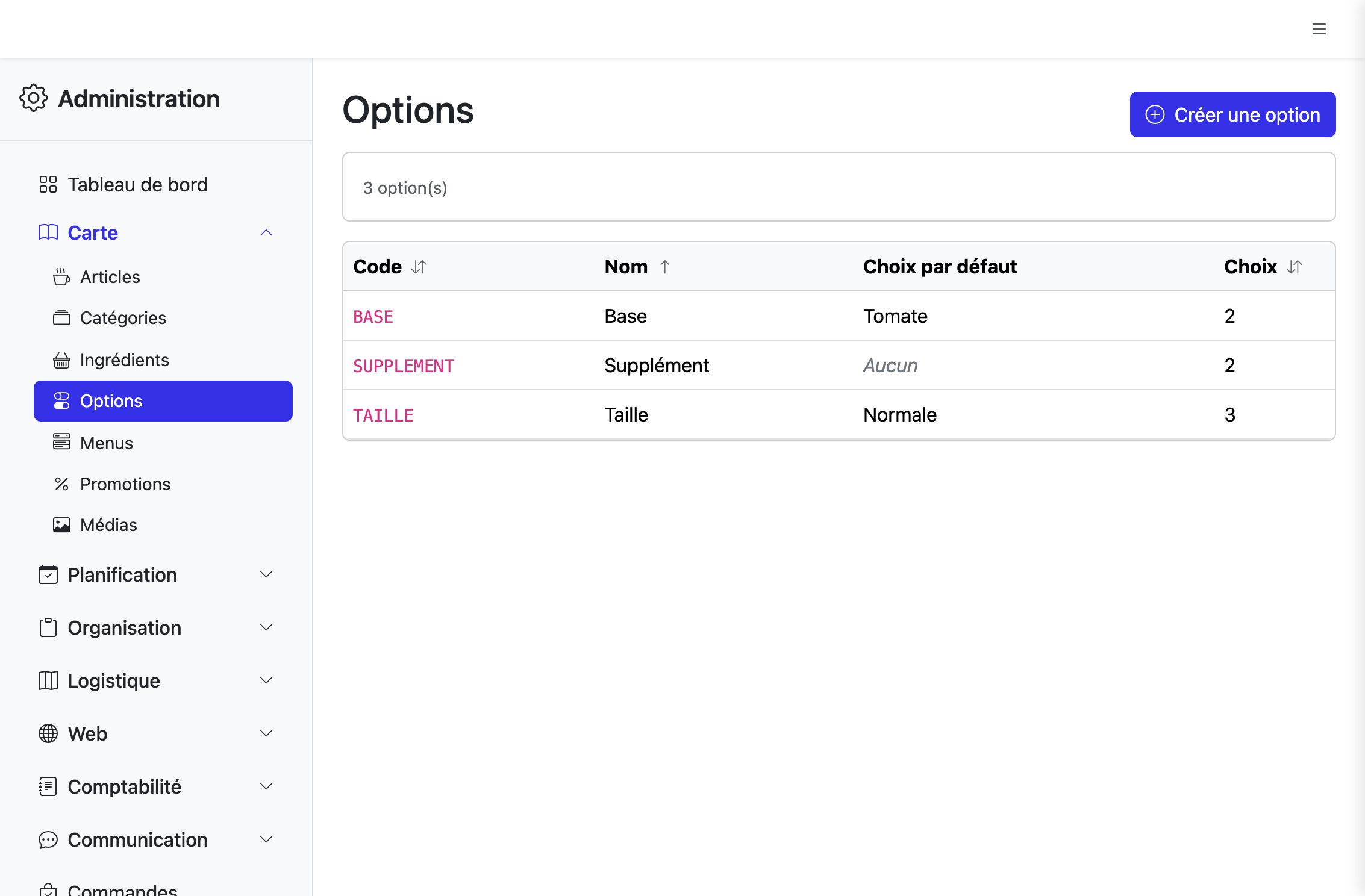 Liste des options avec choix par défaut et nombre de choix