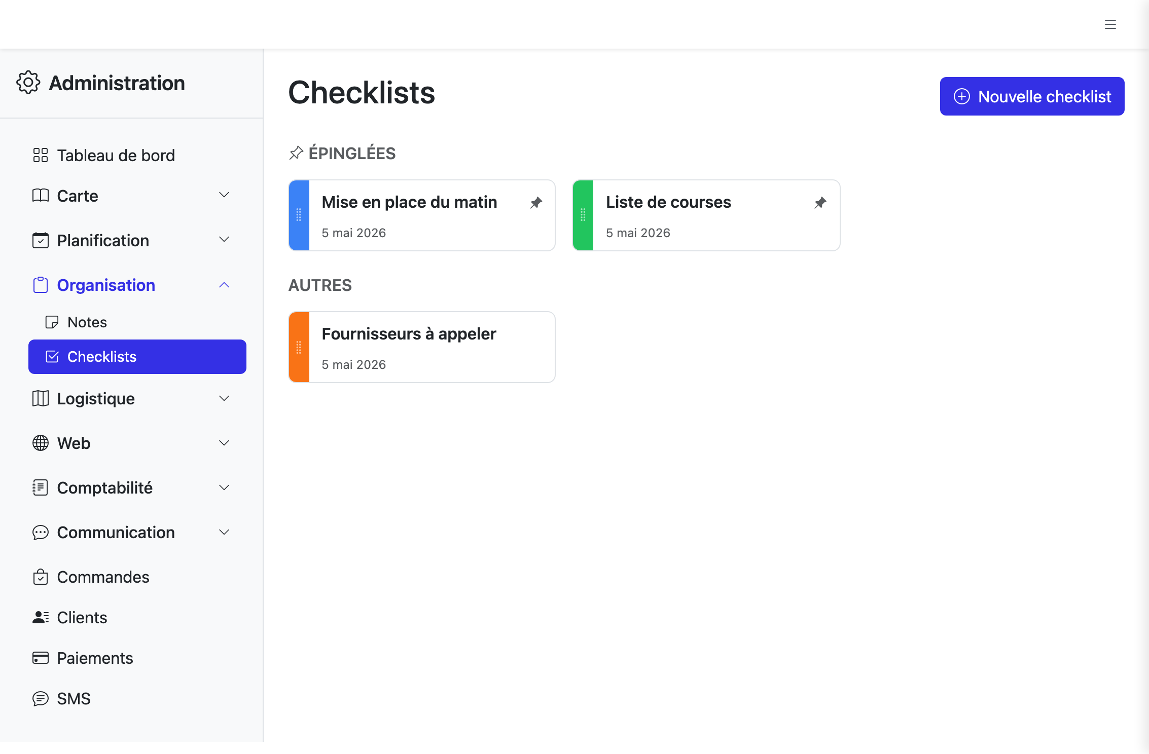 Liste des checklists avec compteurs d'items cochés