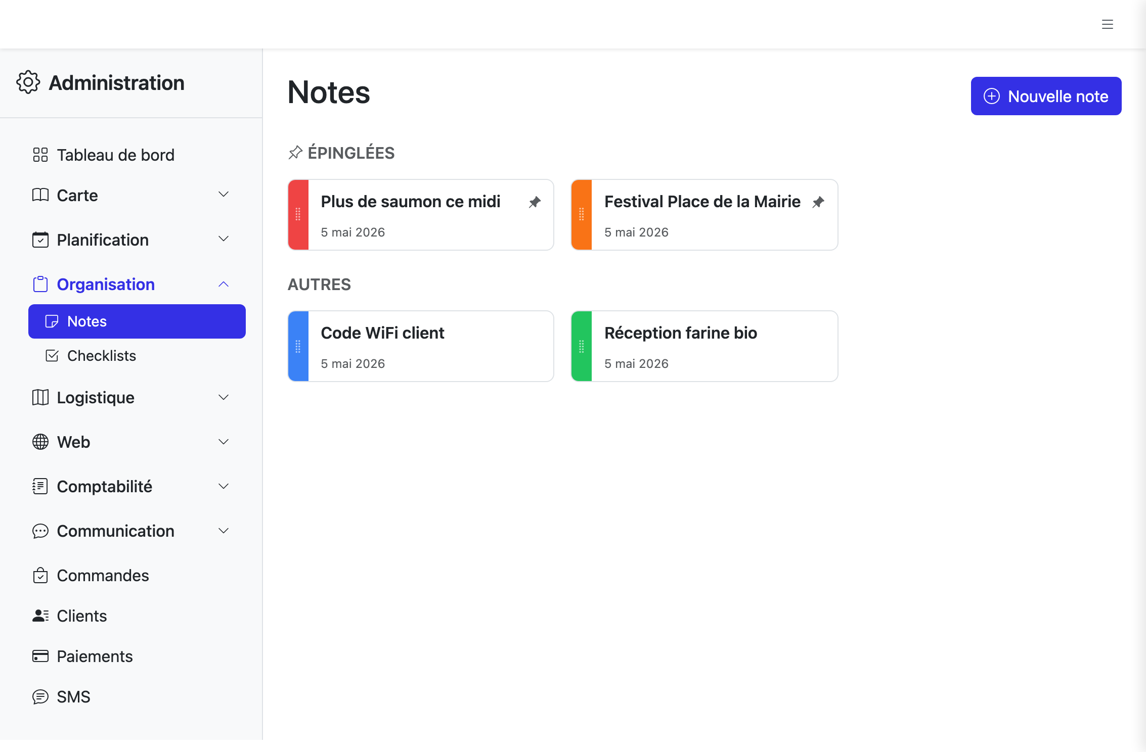 Liste des notes avec sections Épinglées et Autres