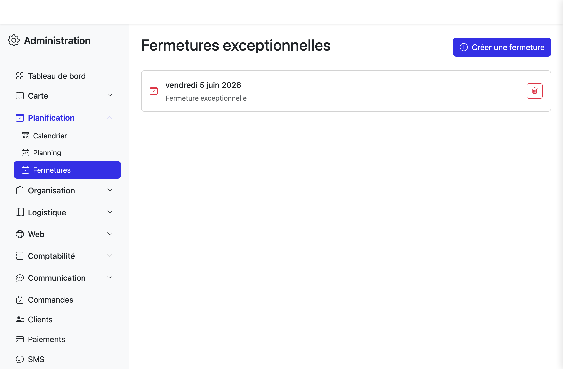 Liste des fermetures avec ses zones clés