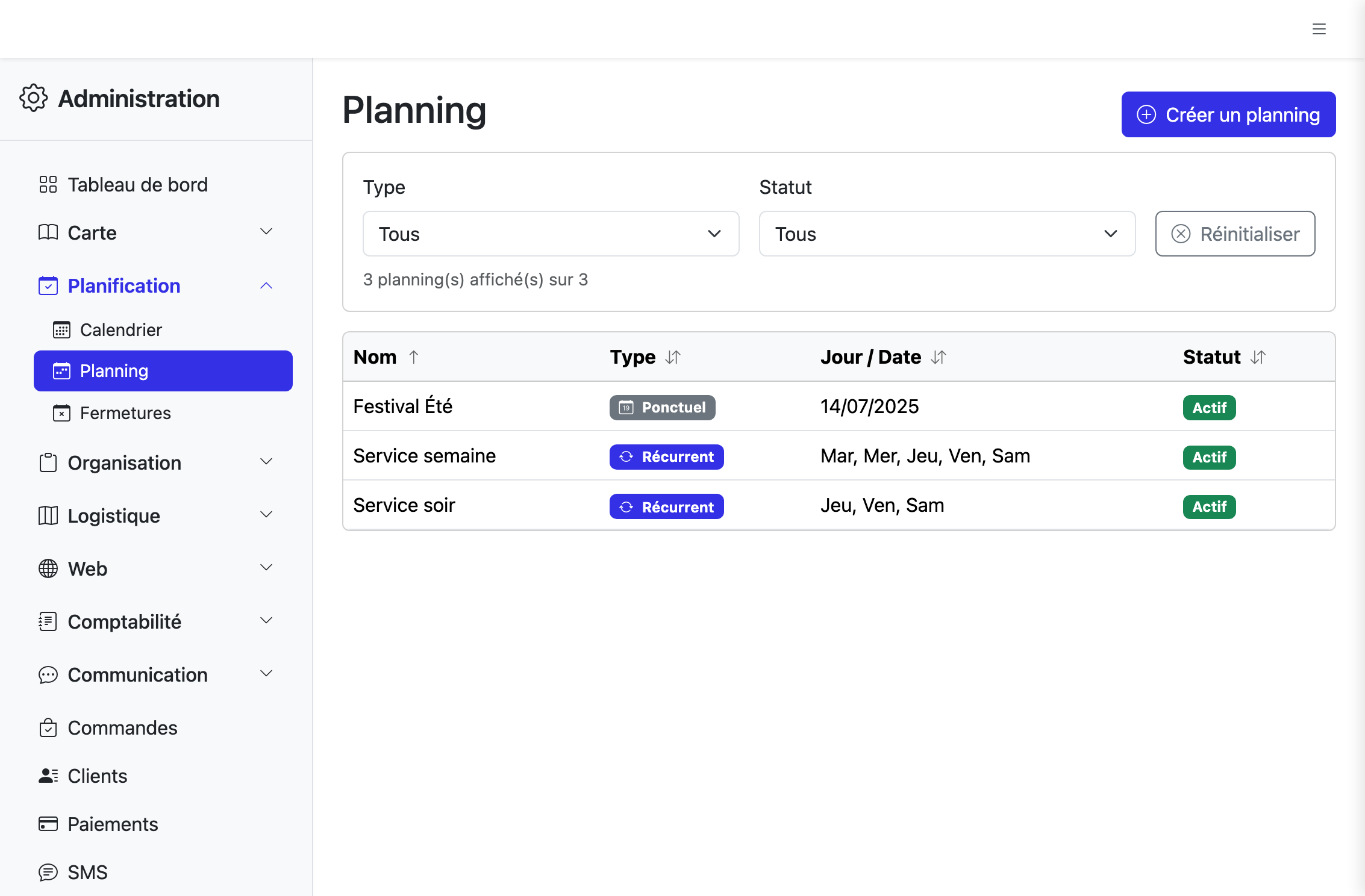 Liste des plannings avec ses zones clés