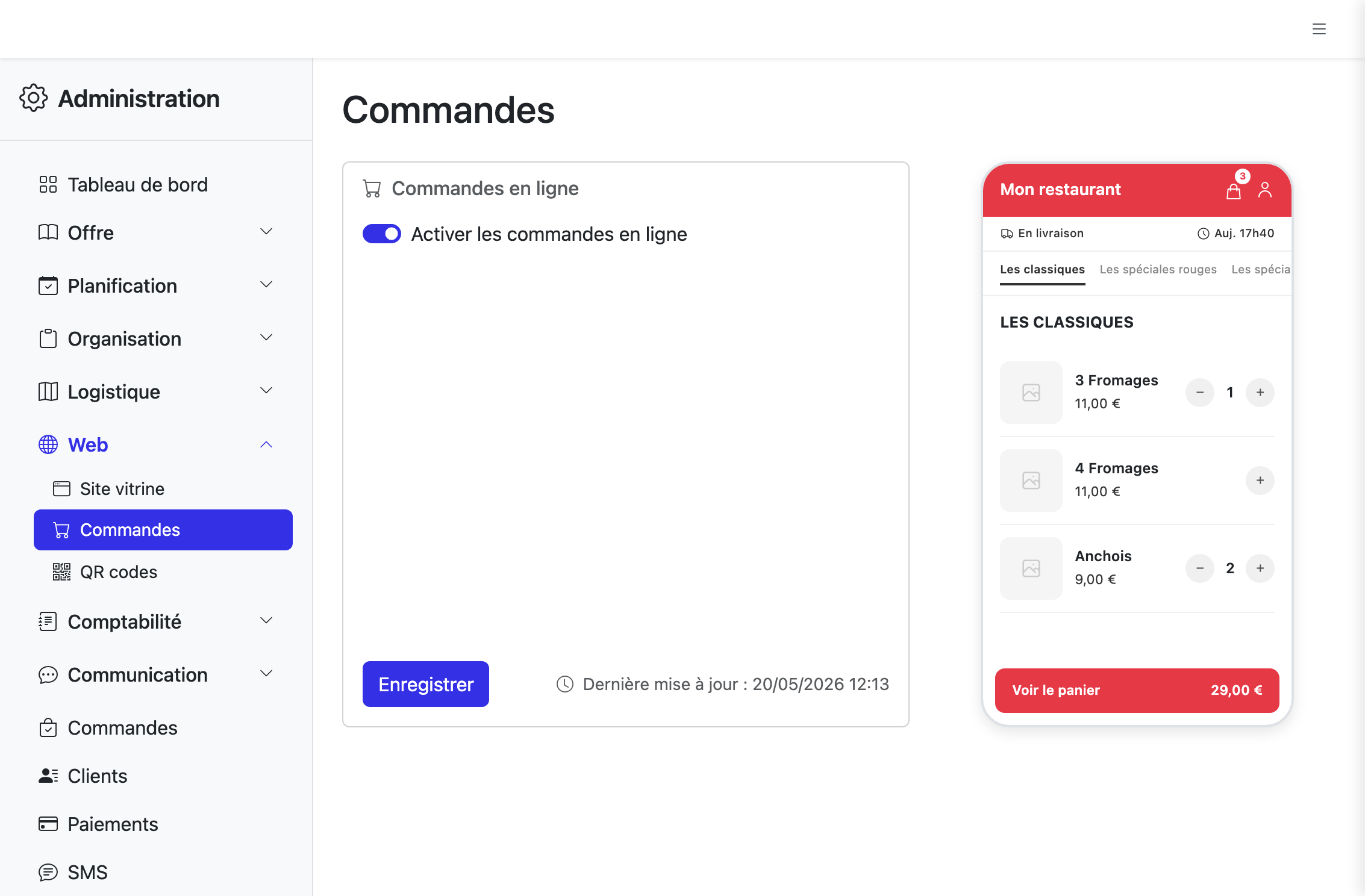 Page Commandes en ligne avec le toggle d'activation et l'aperçu du site côté client