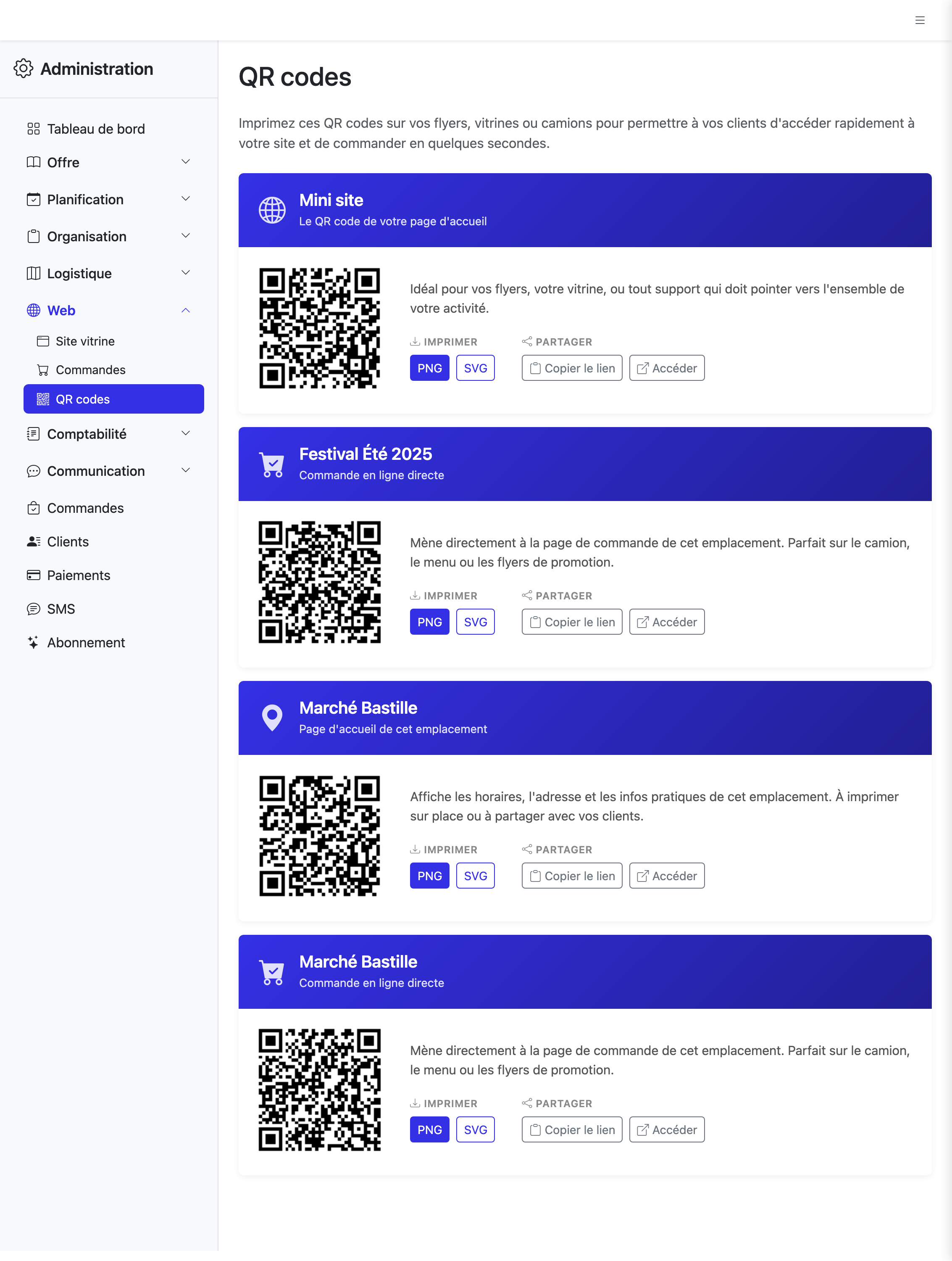 Page QR codes avec le mini site, la page d'accueil d'un emplacement et la commande directe