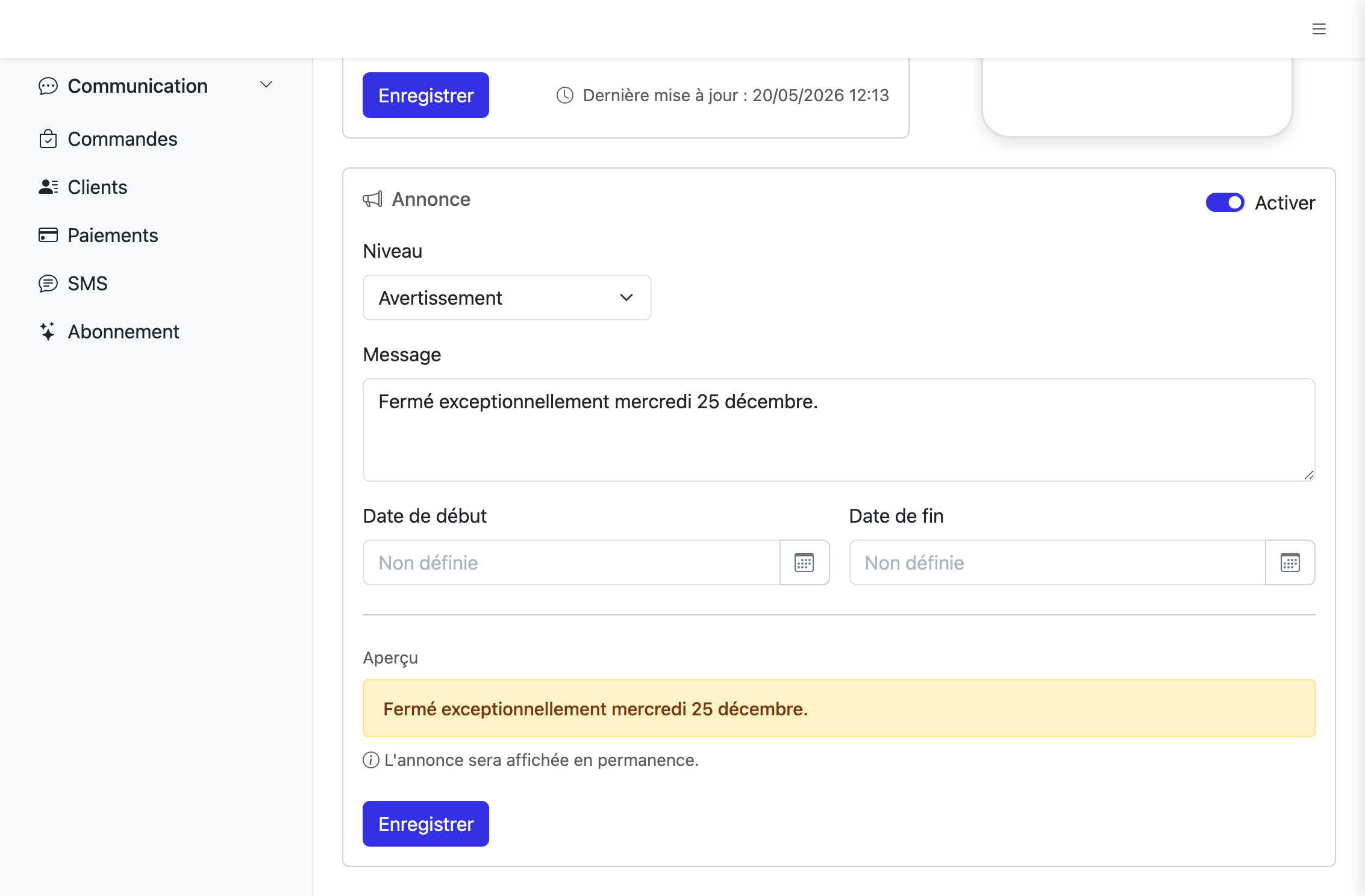 Section Annonce avec toggle d'activation, niveau, message, dates et aperçu
