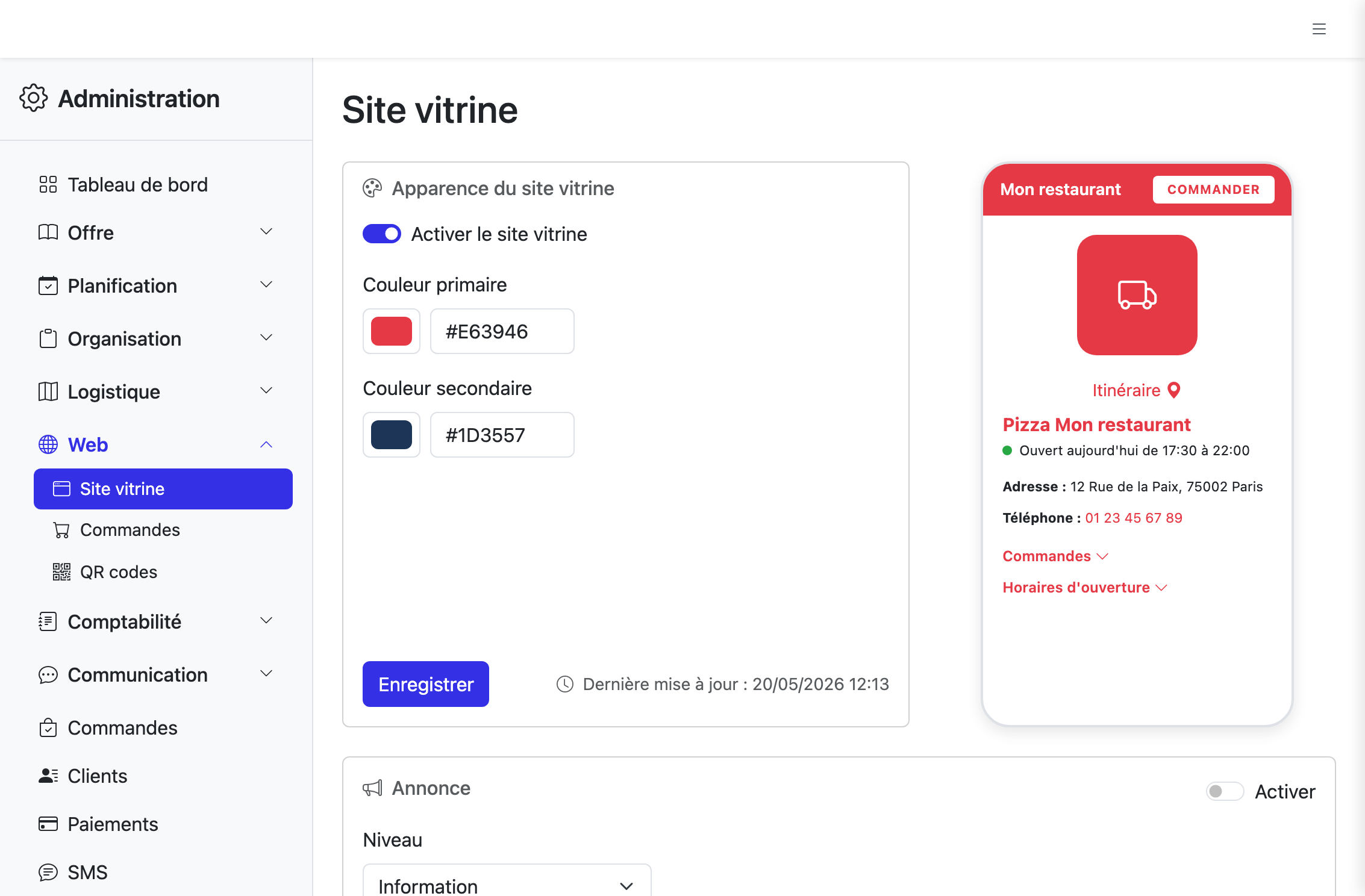 Page Site vitrine avec le toggle d'activation, la couleur primaire et l'aperçu téléphone