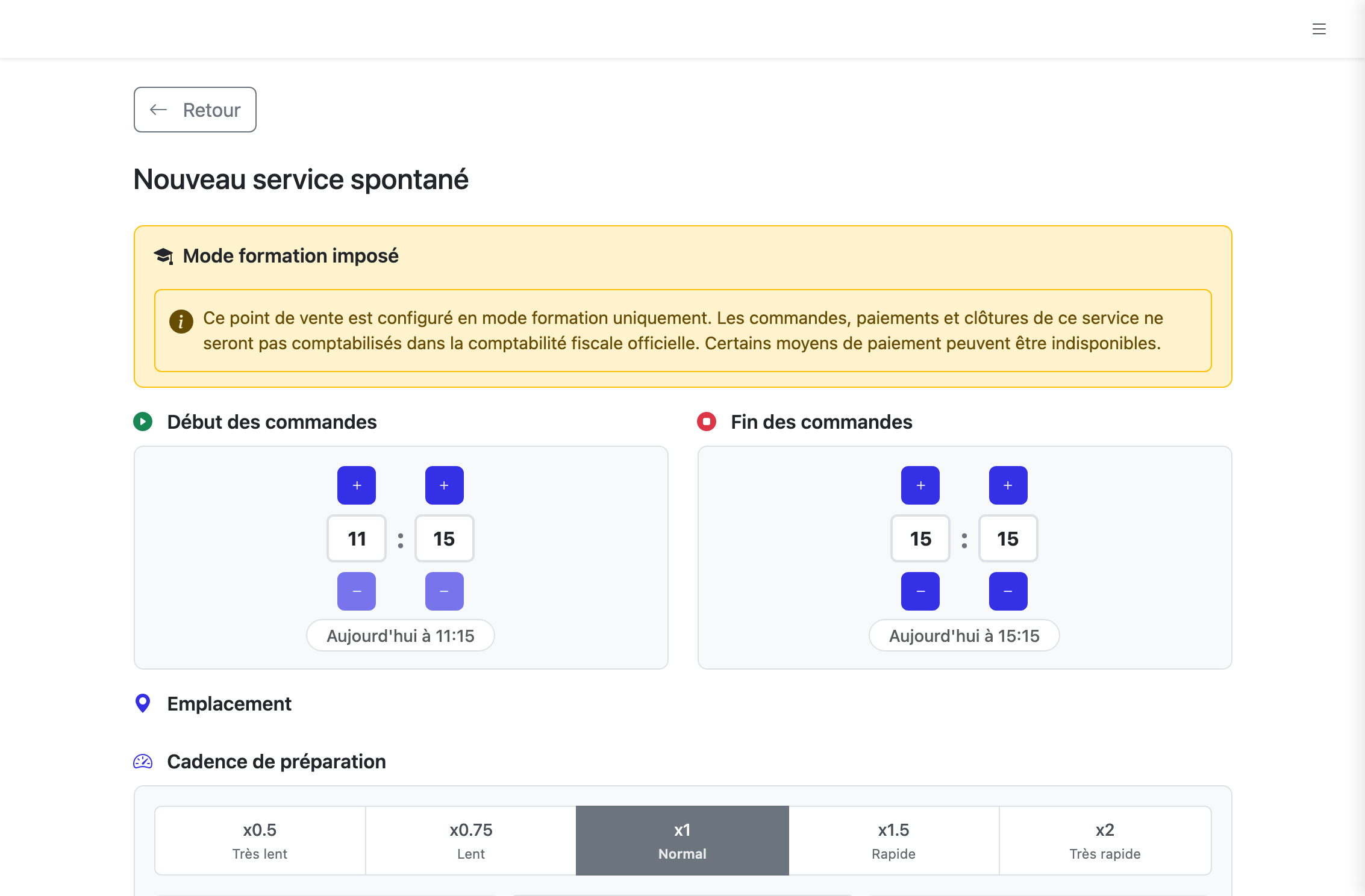 Formulaire de démarrage avec le bandeau Mode formation imposé