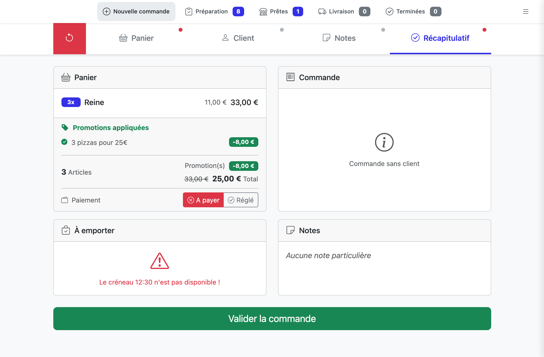 Récapitulatif complet d'une commande : panier détaillé, client, mode de distribution, totaux et bouton de validation