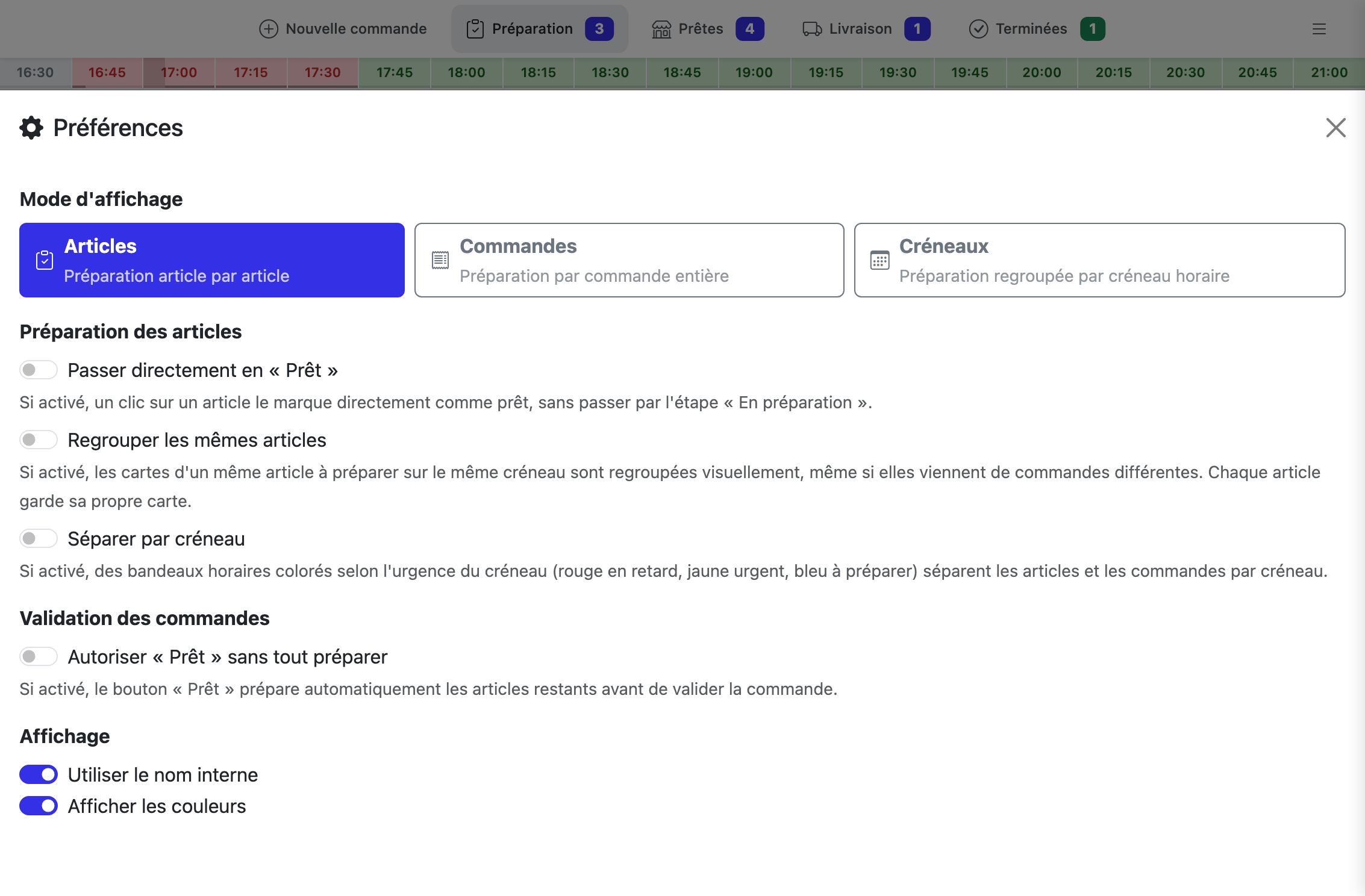 Volet des Préférences ouvert : mode d'affichage en ligne, préparation des articles (passer en prêt, regrouper, séparer par créneau), validation, nom interne, couleurs