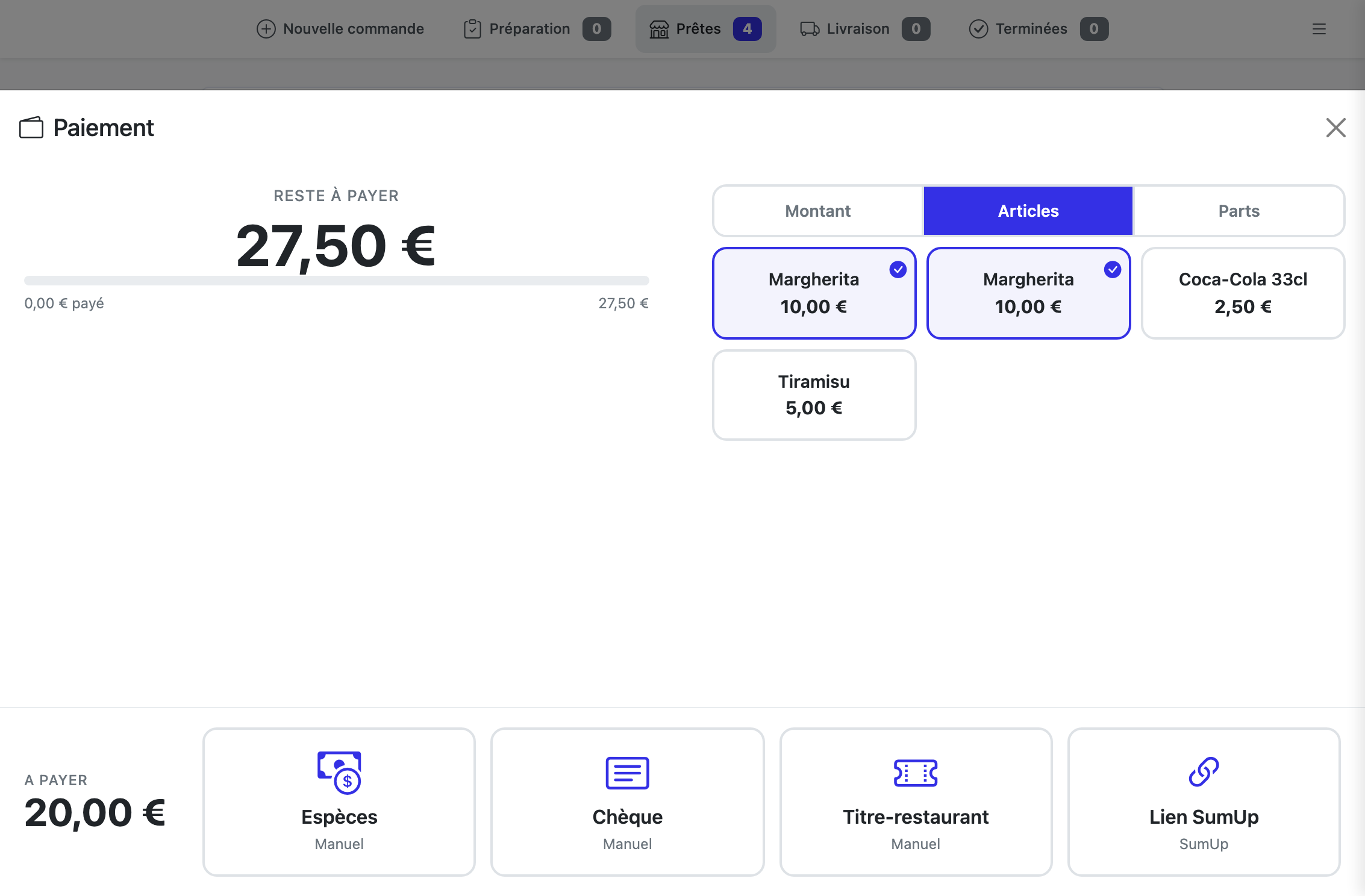 Vue d'ensemble du volet Paiement : reste à payer, modes de découpage, montant à encaisser maintenant