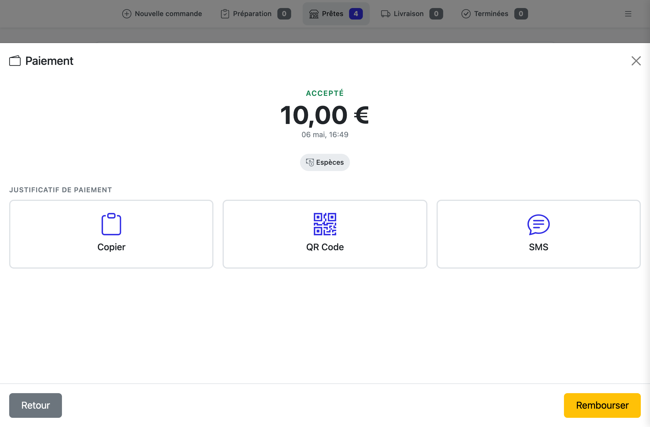 Vue détail d'un paiement : statut, montant, méthode, justificatif partageable, bouton Rembourser