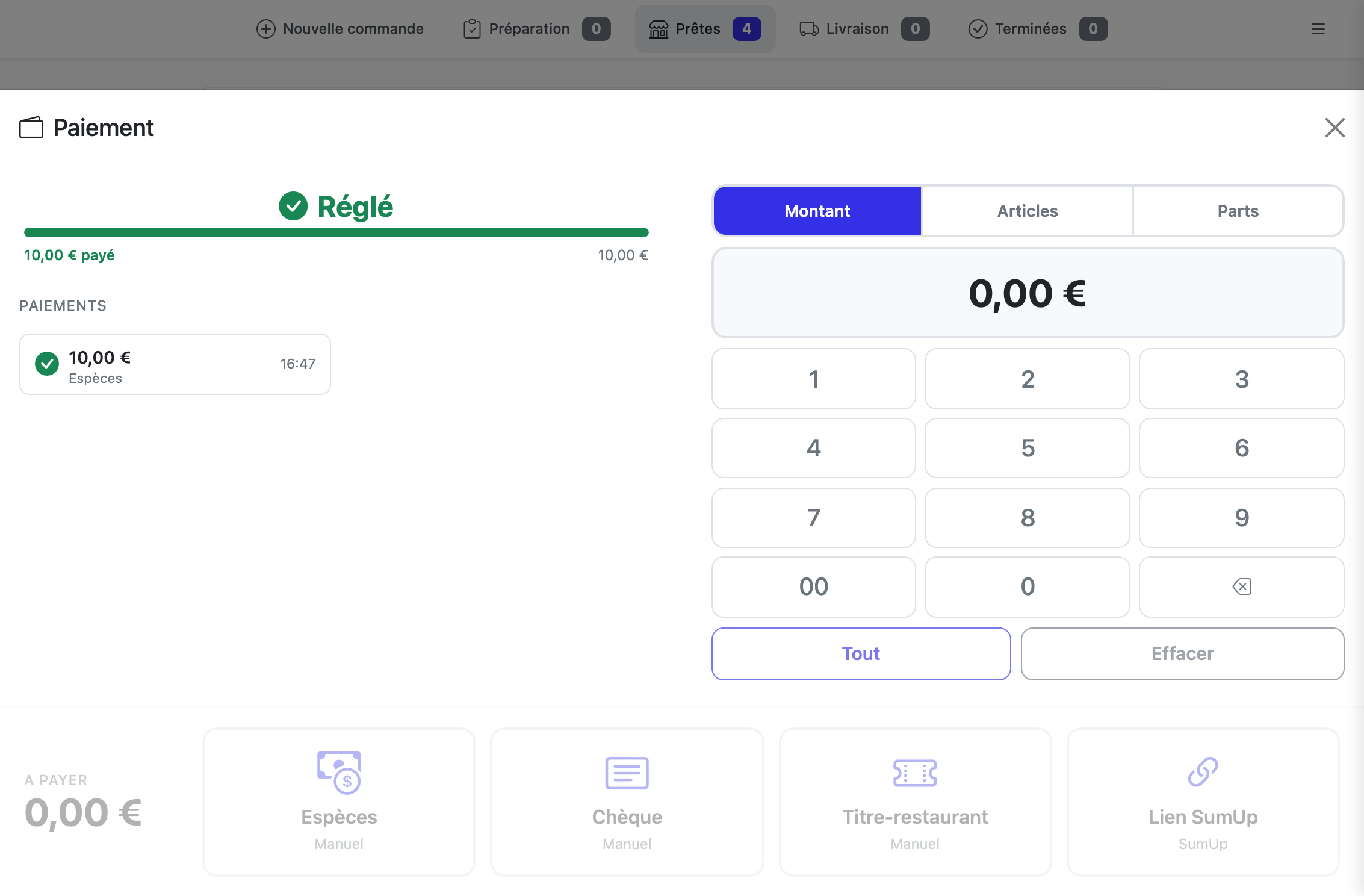 Volet Paiement avec une mini-carte de paiement déjà enregistrée