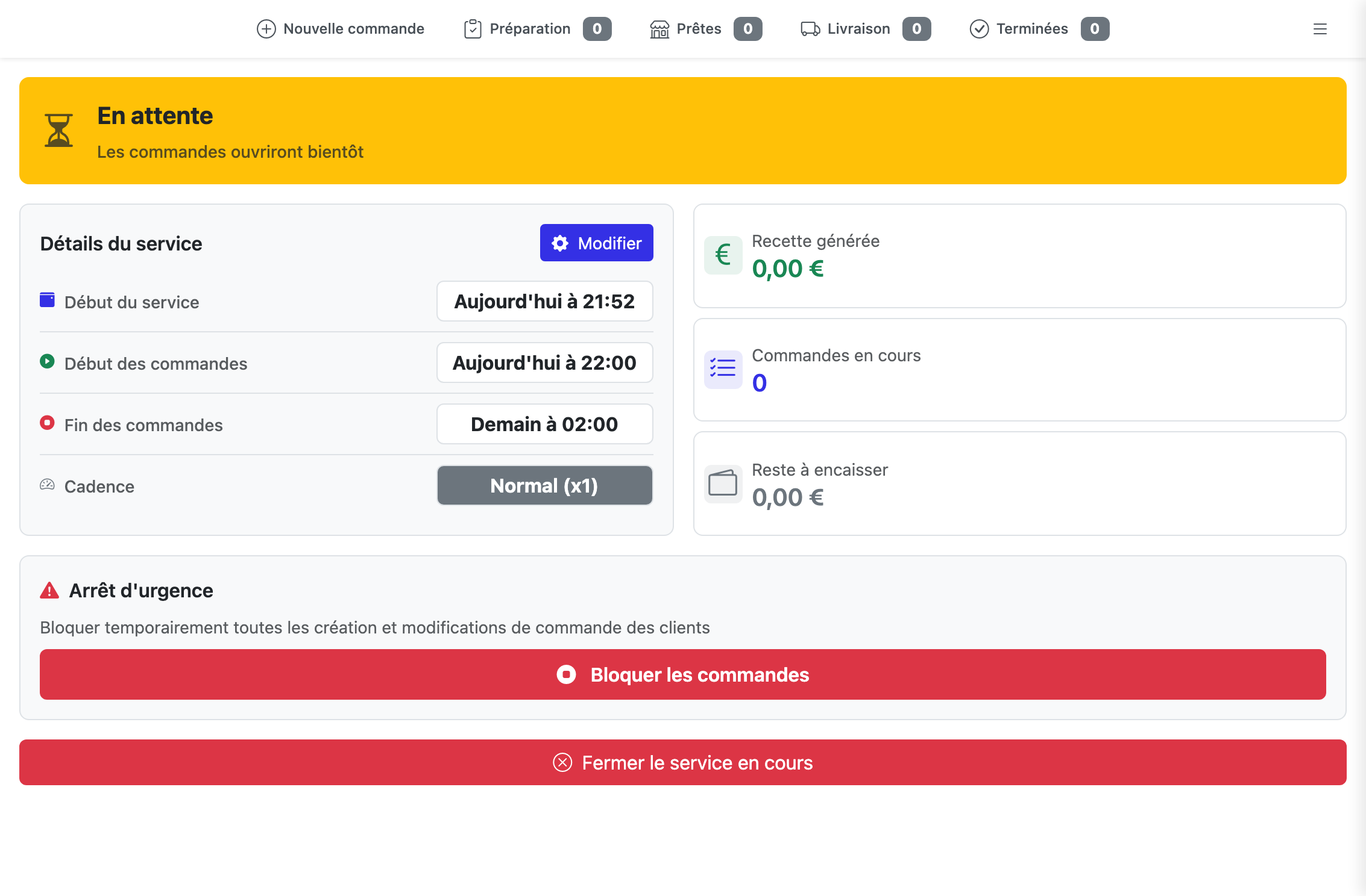 Écran Service en cours juste après le démarrage, à l'état En attente