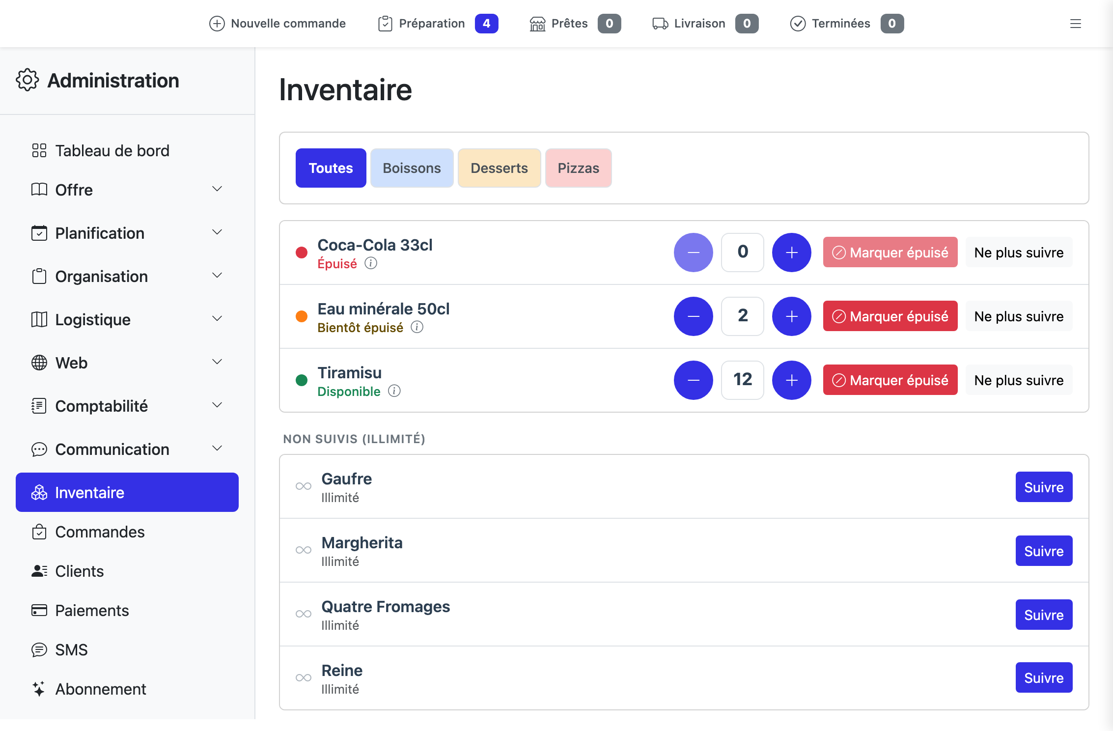 Vue d'ensemble de l'inventaire : filtres, état, compteur et actions sur chaque article