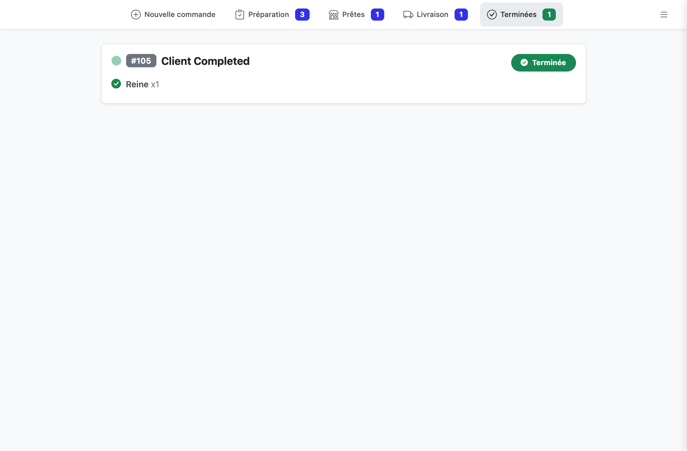 Liste des commandes terminées du service en cours, chacune avec son numéro, son client et son montant